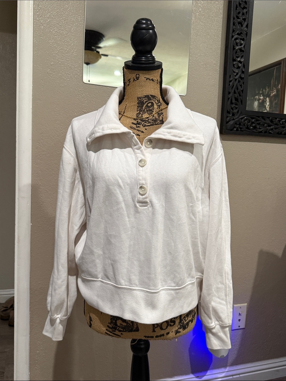 Abercrombie & Fitch White Quarter-Button Pullover Sweatshirt